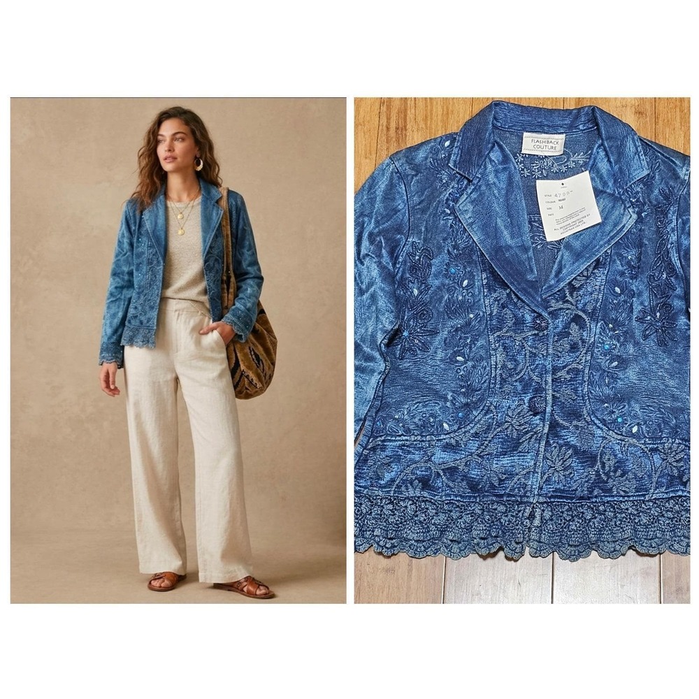 Flashback Couture Blazer Women Size M Blue NWT 2005 Y2K Crochet Boho Cottagecore